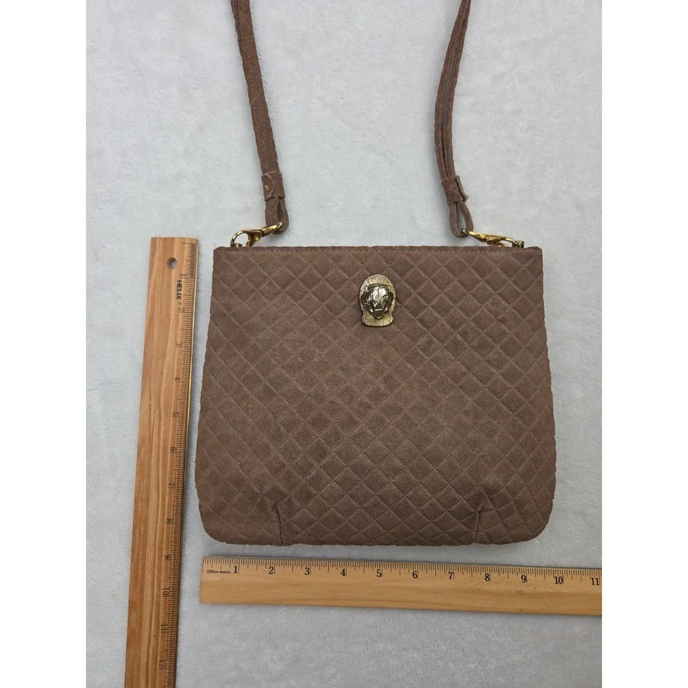 Vintage Ruth Saltz BROWN SUEDE Cougar Hinge Shoulder EVENING BAG Purse Tan Quilt